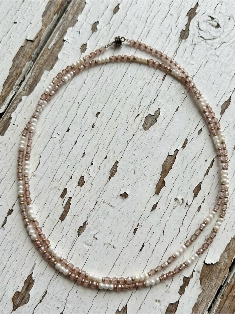 Pearl & Brown Ombre Cubic Zirconia Double Strand Necklace w/ Matte Gold Accents
